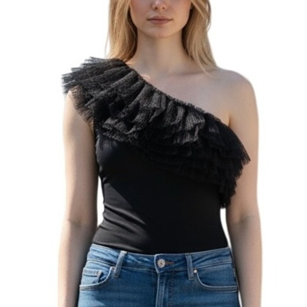 ENDLESS ROSE Elegant Black Tulle Ruffled One Shoulder Bodysuit EUC Medium‎